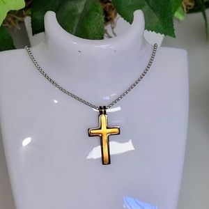 Sale 18KGP "HE Rocks" Brand stainless steel tri-tone cross + chain w Signature